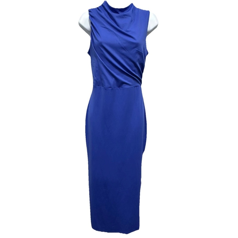 MIROL Maxi Dress Women's Medium Blue Sleeveless Bodycon Mock Neck Ruched  NWT